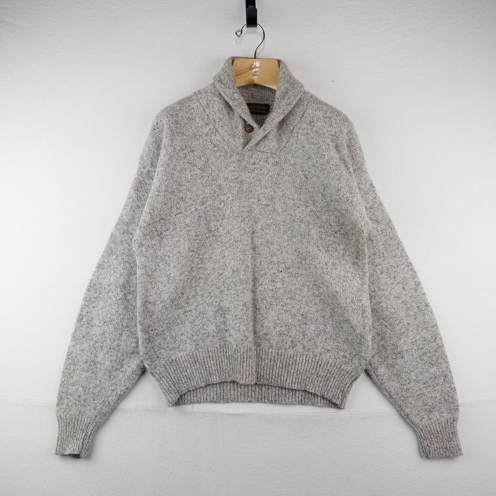 80's Vtg Eddie Bauer Wool Shawl Collar Sweater Pullover Men's L Beige USA